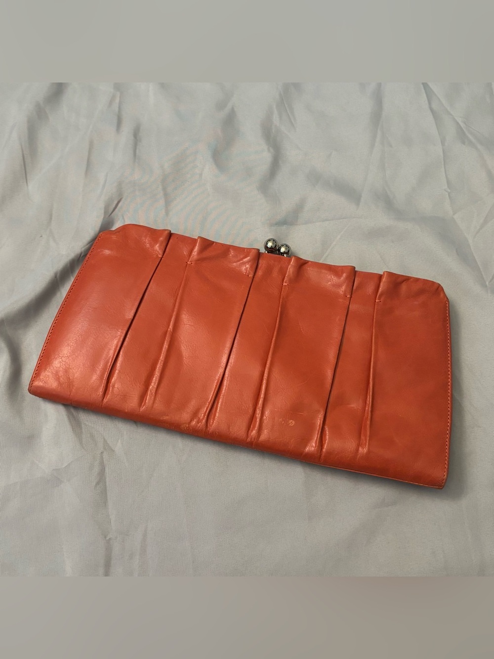 HOBO Soft Orange Leather Clutch Mirror Ball Clasp Pockets